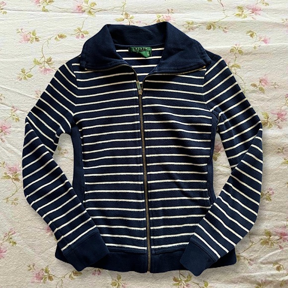🏇 Ralph Lauren Zip Up Navy Striped Jacket - Picture 1 of 3